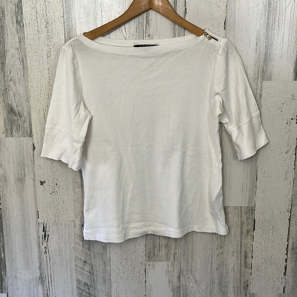 #O27- womens white dressy top size L LAUREN RALPH LAUREN